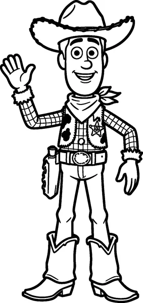 Woody the cowboy doll waves hello with one hand, wearing his wide hat, bandana, spotted vest, sheriff star and boots.