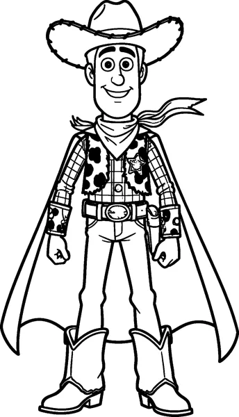 Woody the cowboy doll stands tall in his cowboy hat, spotted vest and boots with a long superhero cape flowing behind him.