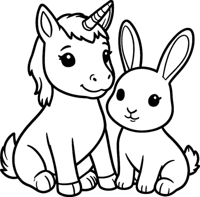 A baby unicorn foal with a striped horn sits side by side with a smiling baby bunny with long ears.