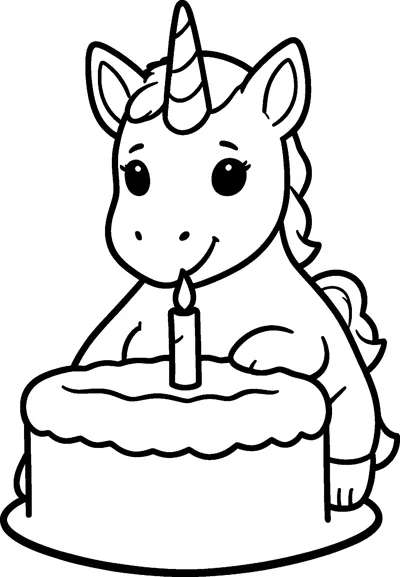 A baby unicorn foal with a striped horn leans over a round birthday cake topped with one lit candle.