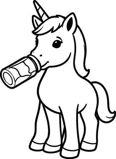 A baby unicorn foal with a striped horn stands on four legs and drinks milk from a bottle held in its mouth.