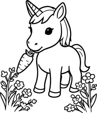 A baby unicorn foal with a striped horn nibbles a carrot while standing among flowers and leafy plants in a garden.