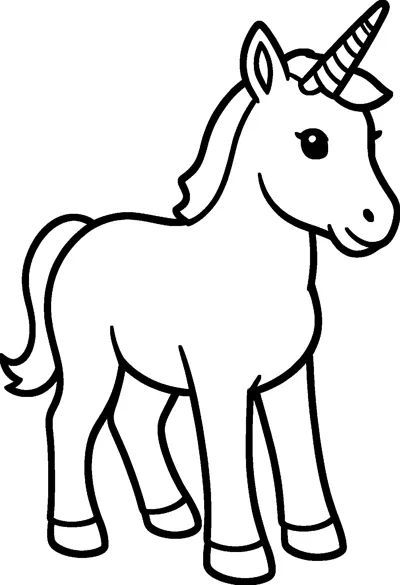 A baby unicorn foal with a spiral horn, long eyelashes and a swishing tail stands calmly on four legs.