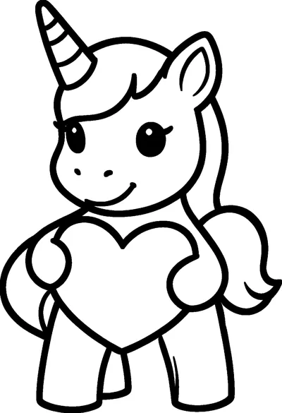 A smiling baby unicorn foal with a striped horn stands upright and hugs a large heart shape against its chest.