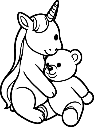 A baby unicorn foal with a long flowing mane and spiral horn sits and hugs a smiling teddy bear close.