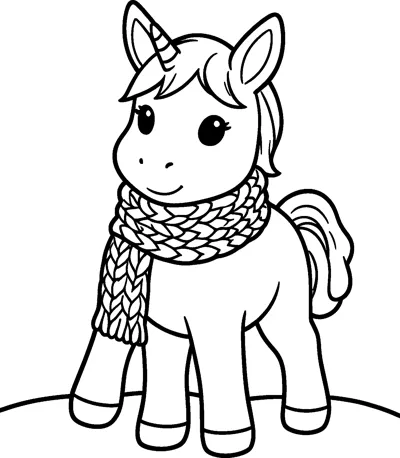 A baby unicorn foal with a striped horn wears a chunky knitted scarf while standing on snowy ground.