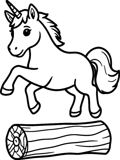 A baby unicorn foal with a spiral horn leaps through the air with its legs tucked up above a fallen log.