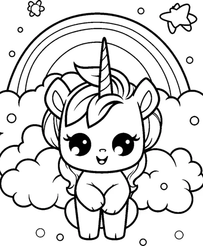 A baby unicorn sits on a puffy cloud with a rainbow arching overhead.