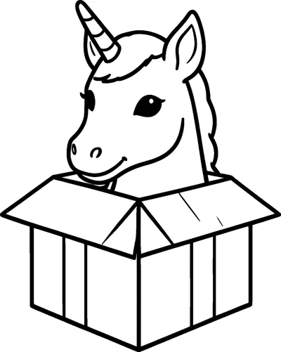 A baby unicorn foal with a striped horn and big eyes pokes its head out of an open cardboard box.