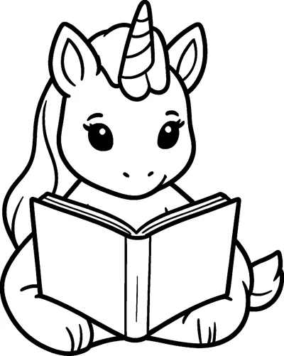 A baby unicorn foal with a spiral horn and long mane sits and holds open a large picture book.