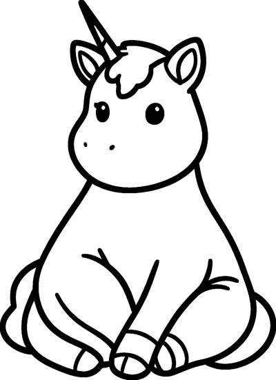 A chubby baby unicorn foal with a little horn and pointed ears sits with its legs folded neatly beneath its round body.