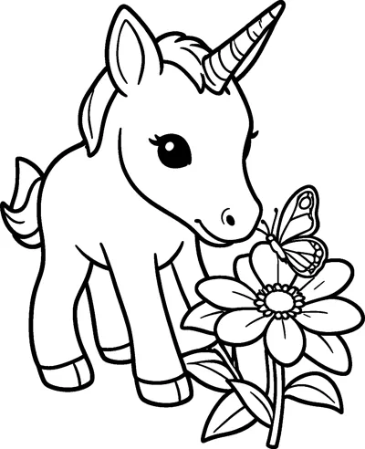 A baby unicorn foal with big eyes bends down to sniff a butterfly resting on top of a large flower.