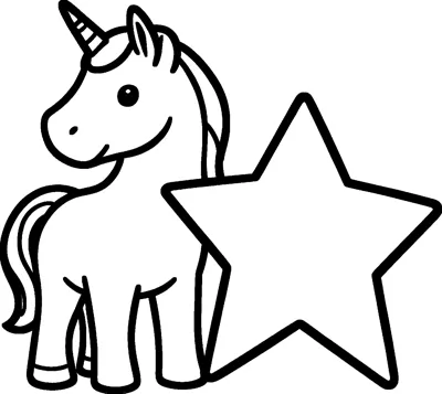 A baby unicorn foal with a striped horn and flowing tail stands next to a large five-pointed star.