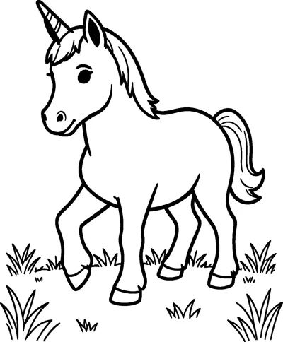 A baby unicorn foal with a spiral horn lifts one front hoof as it walks through tufts of grass in a meadow.