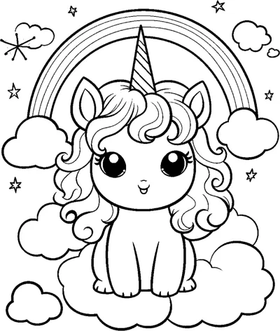 A baby unicorn with a curly mane sits on a cloud beneath a rainbow and stars.