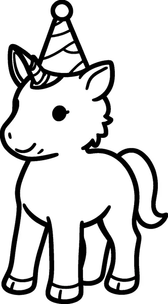 A baby unicorn foal stands on four legs wearing a striped party hat with a pompom beside its spiral horn.