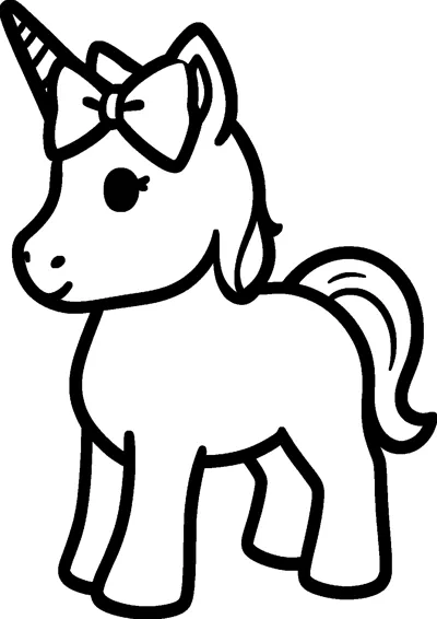 A baby unicorn foal stands on four short legs, wearing a large bow on its head beside a small striped horn.