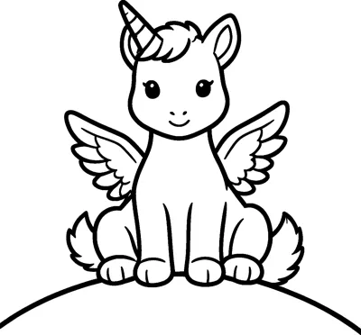 A baby unicorn foal with feathered wings and a striped horn sits on top of a rounded grassy hill.