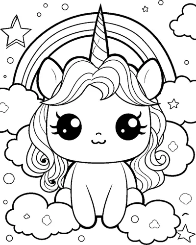 A unicorn with very big eyes sits on clouds beneath a rainbow arch with stars nearby.