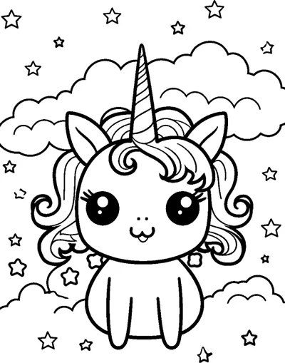 A small chibi unicorn with a round head sits facing forward with clouds and stars around.