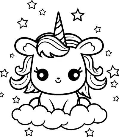 A small round chibi unicorn sits behind a cloud with stars scattered around.