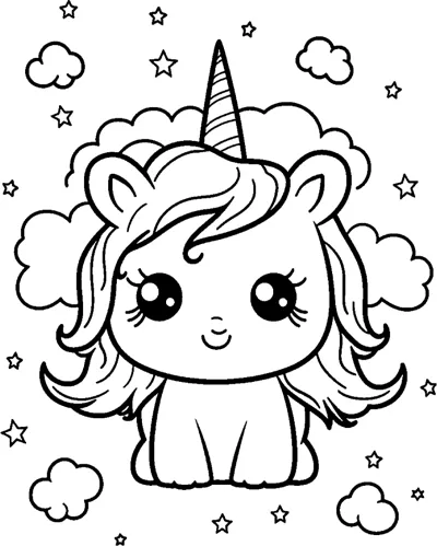 A small sitting chibi unicorn with a side-swept mane, a few clouds and stars around it.