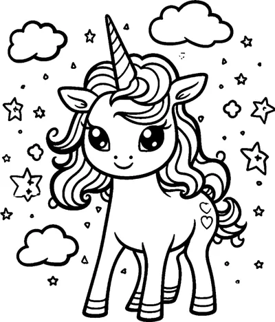 A standing unicorn with a heart mark on its side stands among stars and clouds.