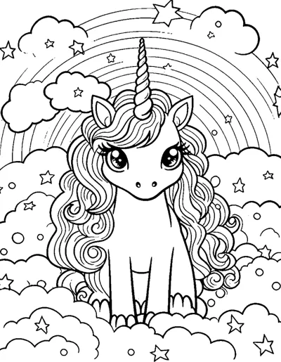 A sitting unicorn with a huge curly mane sits beneath a rainbow with many stars and clouds.