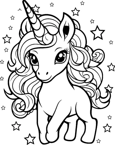 A big-eyed unicorn with a long wavy mane stands among scattered stars.