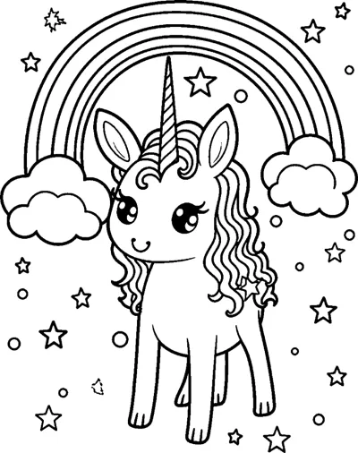 A small standing unicorn with a wavy mane stands under a rainbow with clouds and stars around it.
