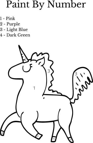 A prancing unicorn outline with numbered areas and a key listing pink, purple, light blue and dark green.