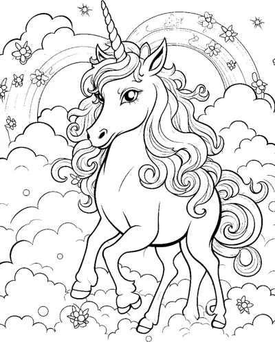A prancing unicorn with a long flowing mane rears up among clouds, flowers and a rainbow.