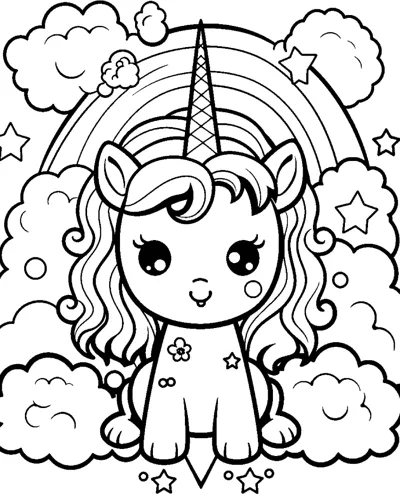 A sitting unicorn with a wavy mane sits under a rainbow with little flowers and clouds.