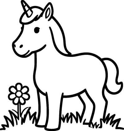 A simple unicorn stands in the grass next to one daisy with big round petals.
