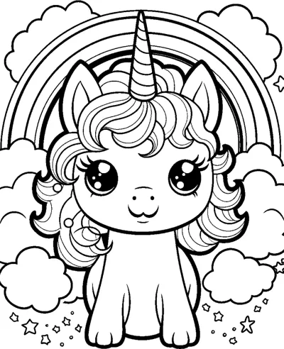 A sitting unicorn with a curly mane sits under a wide rainbow with clouds and stars.