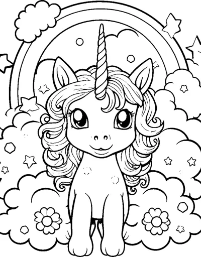 A sitting unicorn with a curly mane sits among flowers and clouds beneath a rainbow.