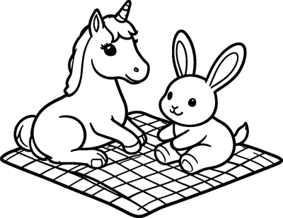 A unicorn lies on a checked picnic blanket facing a bunny with long ears sitting beside it.