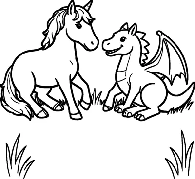 A unicorn and a small winged dragon sit facing each other in a grassy field.
