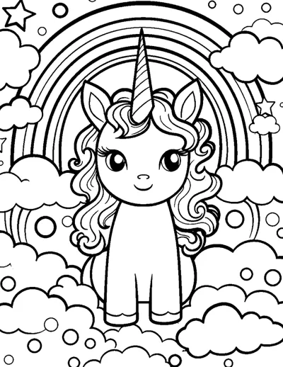 A sitting unicorn with a wavy mane sits beneath a rainbow with clouds and bubbles around.