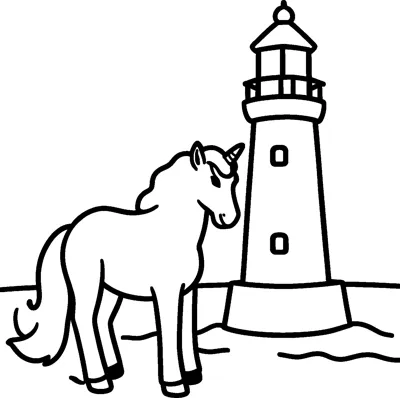 A unicorn stands on the shore next to a tall lighthouse with gentle waves behind it.