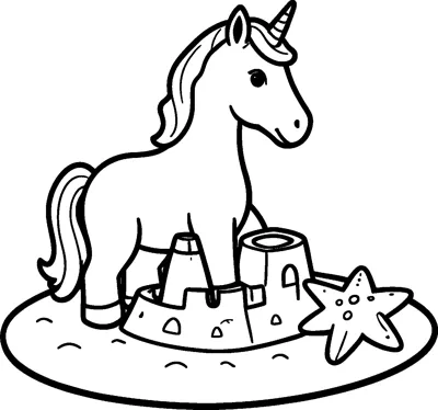 A small unicorn stands on a patch of sand beside a sandcastle with towers and a spotted starfish.
