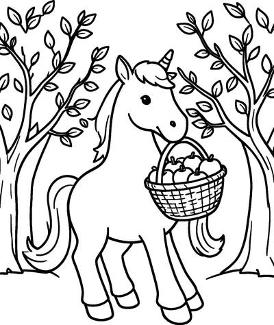 A unicorn carries a basket of apples in its mouth while walking between leafy apple trees.