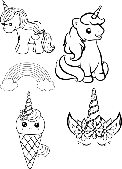 Five small unicorn drawings including a rainbow, an ice cream cone unicorn and a flower crown head.