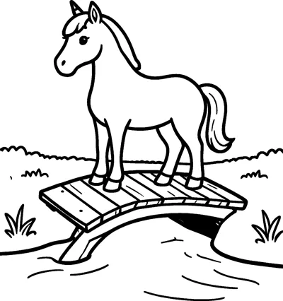 A unicorn stands on a little wooden plank bridge that arches over a flowing brook.