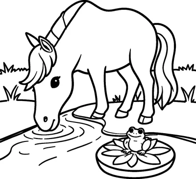 A unicorn lowers its head to drink from a stream while a small frog sits on a lily pad nearby.