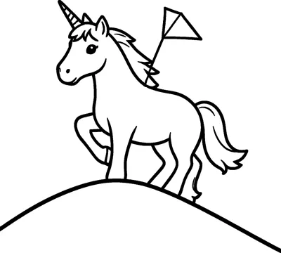 A unicorn stands on top of a hill with a small kite on a string tied to its mane.