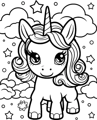A standing unicorn foal with a wavy mane, surrounded by clouds, stars and tiny flowers.