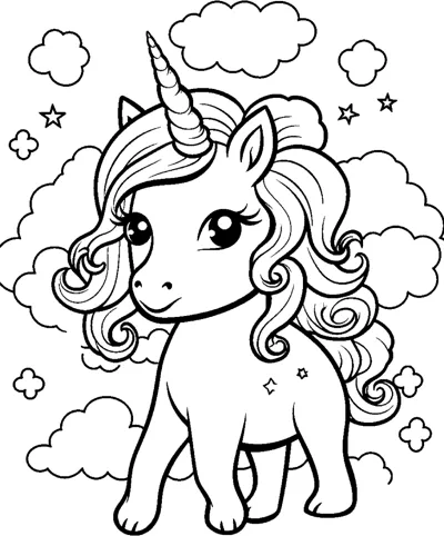 A standing unicorn foal with a wavy mane and tail walks among clouds and stars.