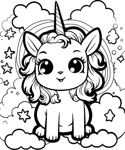 A sitting unicorn with a wavy mane sits in front of a rainbow arch, surrounded by clouds.
