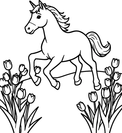 A unicorn gallops along a path with rows of tulips growing on both sides.